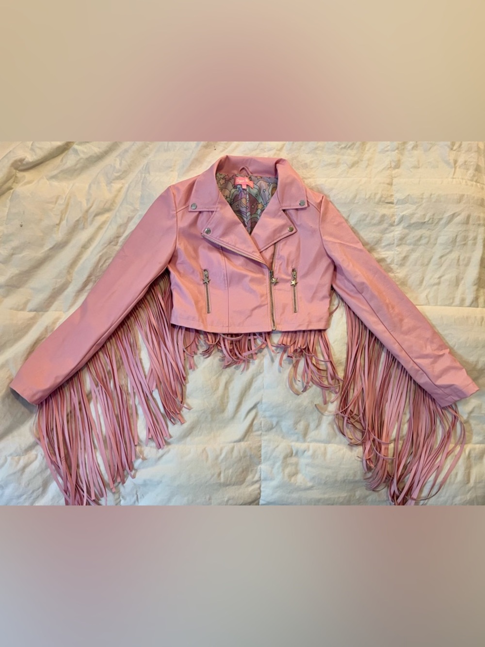 Dolls Kill Pink Cropped Fringe Faux Leather Moto Jacket - Picture 2 of 9